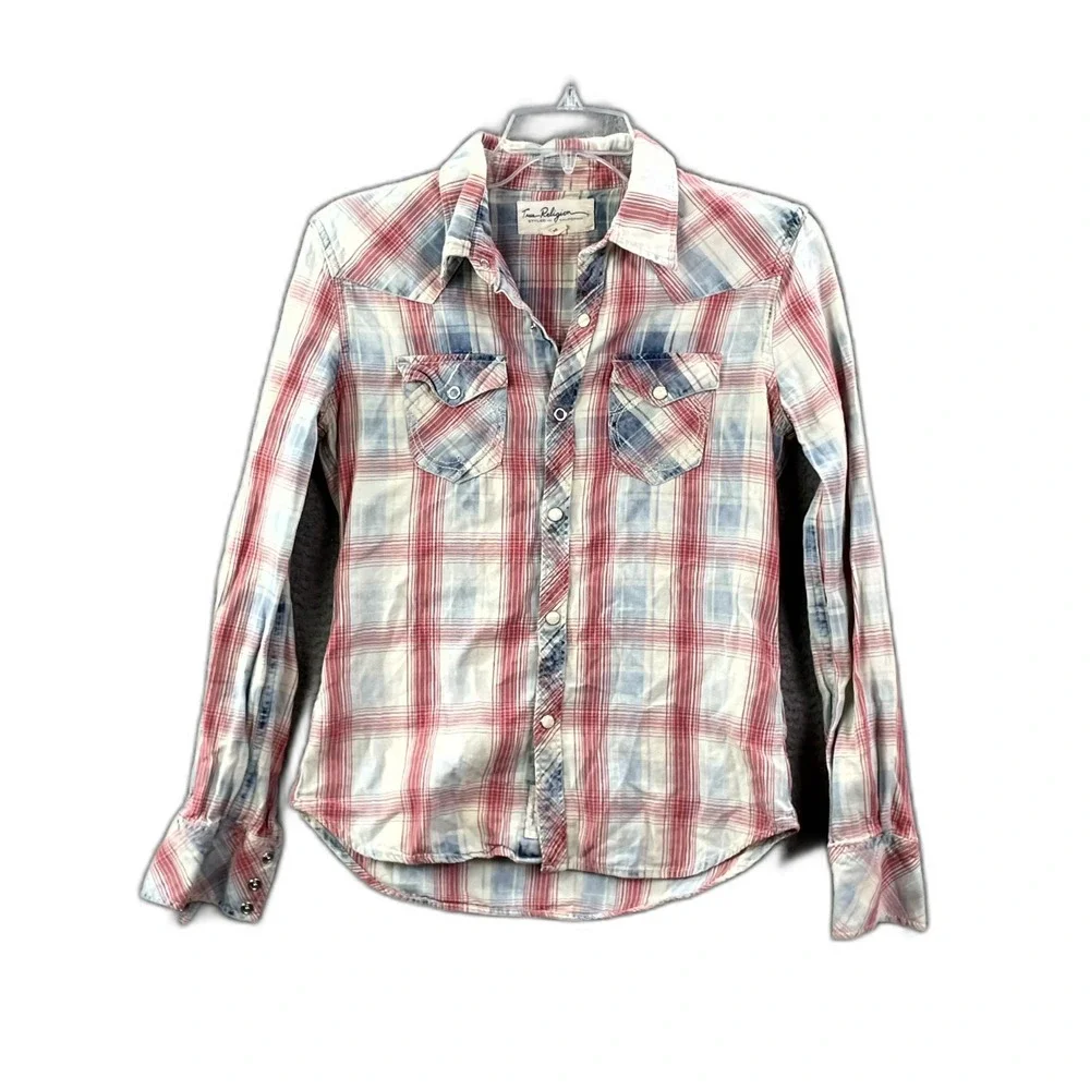 True Religion Western Shirt Mens XS Multicolor Plaid Pearl Snap Cowboy Rancher
